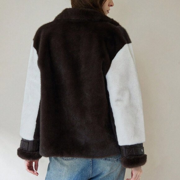 Brown Casual Women's Lapel Zipper Faux Fur colorblock Jacket - Picture 2 of 6